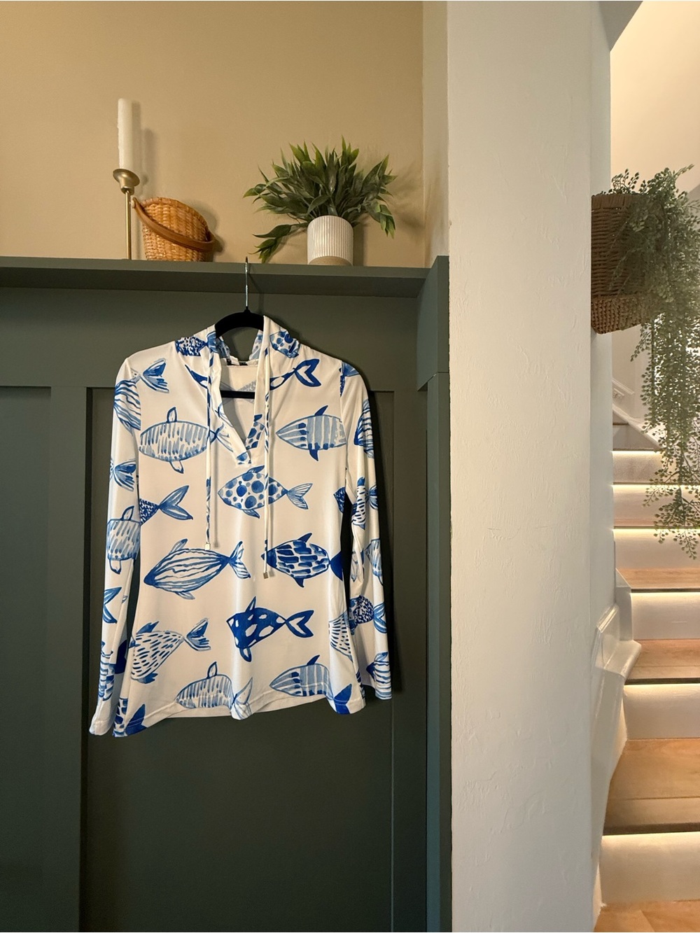 Jean Pierre White Swim Coverup with Blue Fish Print